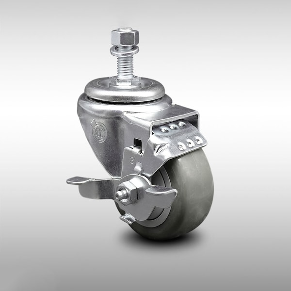 3 Inch SS Gray Polyurethane Swivel 12mm Threaded Stem Caster with Brake SCC